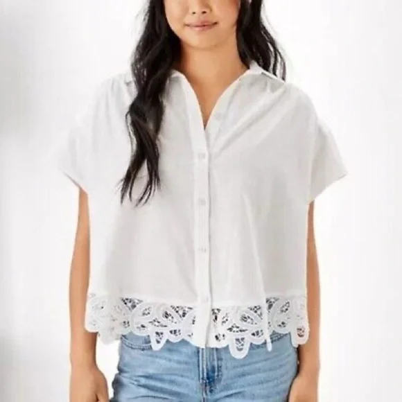 American Eagle Outfitters White Linen Oversized Crop Shirt Sz M - Picture 1 of 7